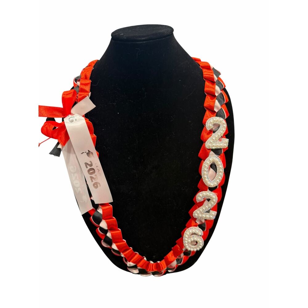 Class of 2026 Graduation Lei with Bling Beaded 2026 Red Black White Ribbon Lei - Picture 2 of 5